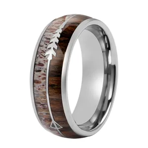 Cincin Panah Tungsten Viking, cincin pernikahan 8mm dengan tanduk imitasi dan tatahan kayu anggur hitam