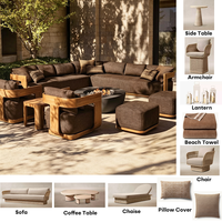 Ensemble de meubles de jardin de luxe en bois massif, design moderne personnalisé, élégant, comprenant un canapé, une table d'appoint ronde et un fauteuil de salle à manger, portable, pour villa.