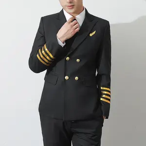 थोक कस्टम लोगो एयरलाइन के कप्तान ने पुरुषों के लिए सफेद एयरलाइन पायलट शर्ट वर्दी पहने