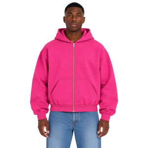 Sudadera con Capucha para Hombre, Talla Grande, Color Fucsia, con Cierre, Informal, de Felpa, Color Sólido, Corte Regular, para Otoño, 100% Algodón - Product Image 1