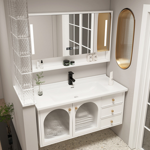 Muebles de baño modernos color crema, lavabo y gabinete combinados, gabinete de pared para baño - Product Image 2