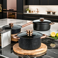 Batterie de cuisine ensemble de casseroles et de poêles ensemble de marmites antiadhésives pierre médicale en fonte avec couvercle en verre Offre Spéciale 8 pièces en métal noir