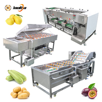 Automatische was-, sorteer- en sorteermachine voor groente- en fruitverwerking, geschikt voor aardappelen, citroenen en passievruchten.