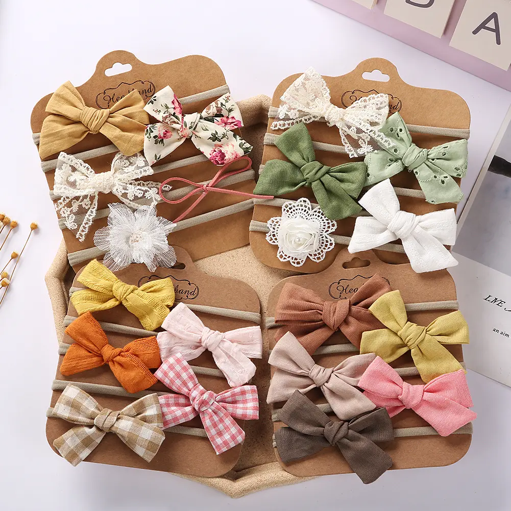 5-teiliges Set Nylon Neugeborenes Baby Mädchenhaar Bogen-Kopfband Spitzenblumen-Bindungen Nylon Baumwolle Haar Kinderzubehör