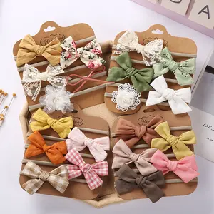 5Pcs/Set Nylon Newborn Baby Girl Hair Bow Headband Lace Flower Print Nylon Cotton Hair Bands Kids Accessories