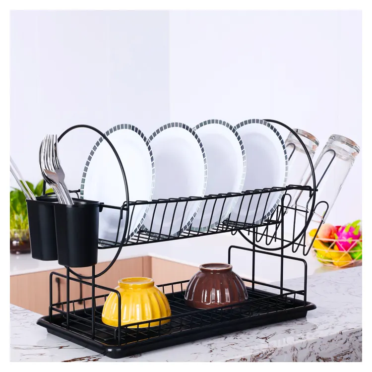 Wholesales Expandable Standing Type Stainless Steel Metal Kitchen Rack Dish Dryer With Cutlery Cup Utensil Organizer Holder