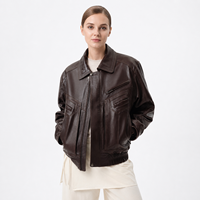 Blouson Aviateur Court en Véritable Peau de Mouton Marron Antique, Coupe Décontractée, Fermeture Éclair, Coupe-Vent, Hiver, Effet Patiné, Style Utilitaire