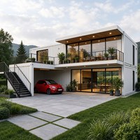 Maison mobile à deux niveaux avec structure en acier, façade contemporaine, balcon et portes vitrées pleine hauteur