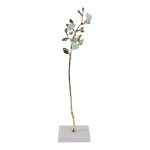 Sculpture d'arbre décorative pour la maison, tige dorée avec cristaux d'aquamarine, base en marbre, élément décoratif élégant pour salon, bureau, salle de bain - Product Image 1