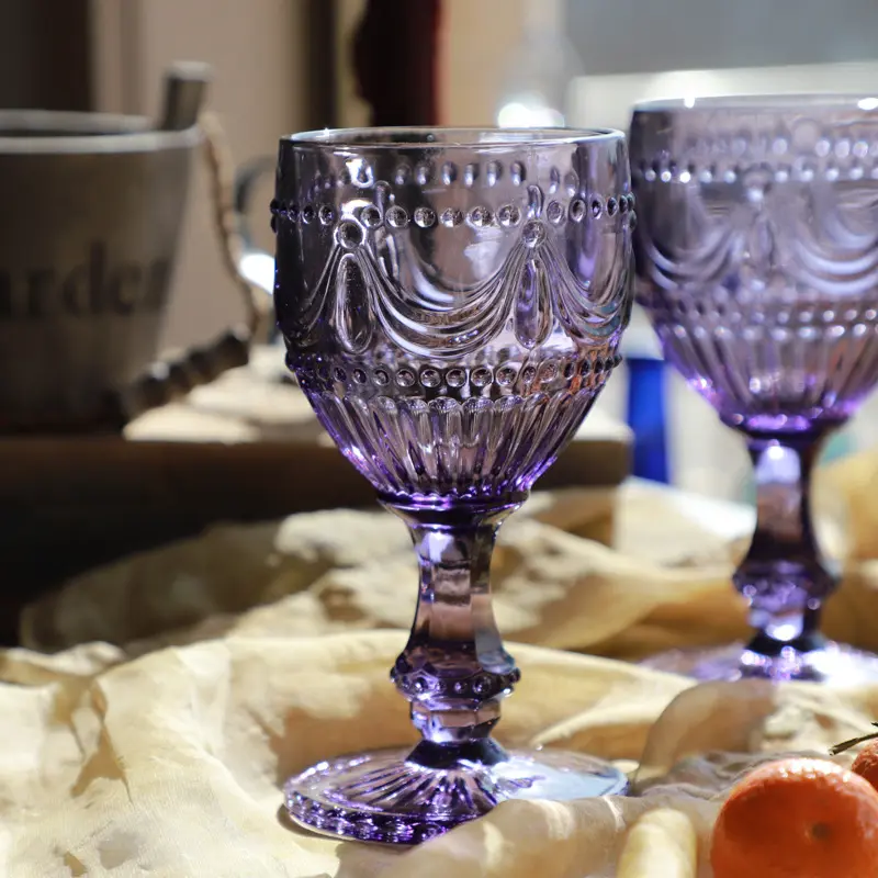 Set di bicchieri vintage in rilievo calice d'acqua grigio/rosa/viola/<span class=keywords><strong>ambra</strong></span> a buon mercato all'ingrosso