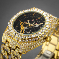 Herren Automatik-Armbanduhr Goldgehäuse Schwarzes Skelett-Zifferblatt Kristallbesetztes Edelstahl-Armband Hip-Hop-Uhr