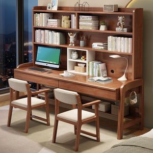Solid Wood Double <b>Desk</b> 160x60x190cm Integrated Bookshelf <b>Study</b> <b>Desk</b> For Students Home Use - Product Image 1