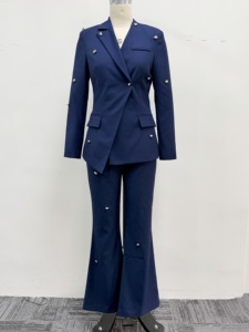 Damenanzug in Marineblau, Zweireihiger Blazer mit Schlaghose und Metallknöpfen, Bürokleidung, OEM ODM Verfügbar - Product Image 4