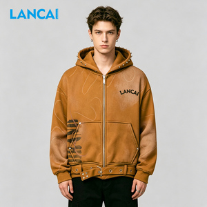 Custom Knitted Belted Cropped Hoodies Streetwear Oversized Baggy 100%Cotton Coat Acid Washed Rhinestone Zip up Hoodie <b>Men</b> - Product Image 3