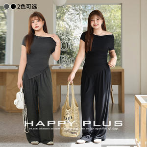 Ensemble femme Runqi grande taille, haut asymétrique en tricot, pantalon large taille haute, couleur unie, tenue décontractée pour les trajets quotidiens - Product Image 4