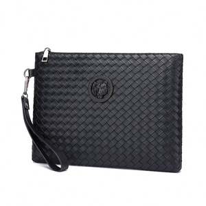 Men's Luxury <b>Woven</b> PU <b>Leather</b> Wristlet Clutch <b>Bag</b> Embossed Logo Travel Organizer Portable Handbag Purse Secure Zipper Fashion - Product Image 1