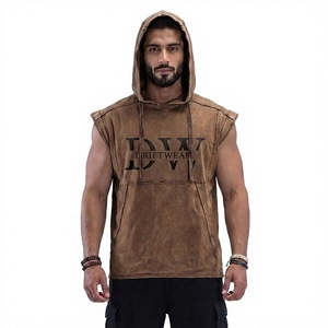 Wholesale Custom Men's Washed Vintage <b>Sleeveless</b> Hooded Tank Top Brown Oversized <b>Hoodie</b> Vest Streetwear Gym 100% Cotton - Product Image 1
