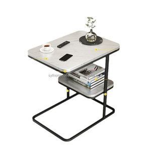 Mesa Auxiliar de 2 Niveles con Aspecto de Mármol, Mesa Lateral con Estructura Metálica para Sala de Estar, Sofá, Apartamento, Salón - Product Image 2