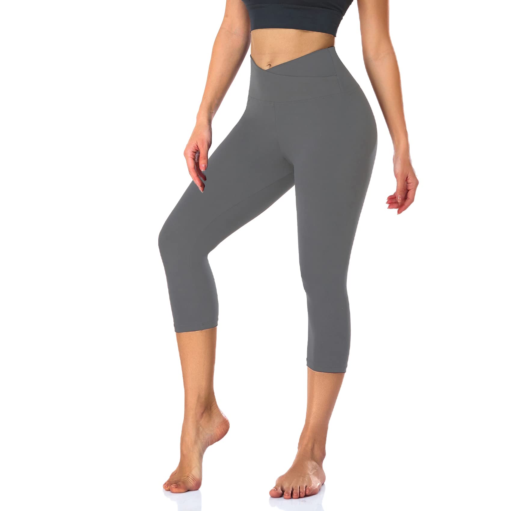 POVTY Custom Logo Crossover Women High Waist Workout Leggings Capri Buttery Soft Tummy Control Butt Scrunch Gym Yoga Leggings