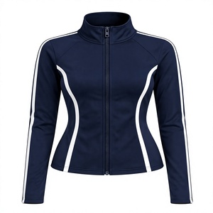 Women's Sporty Zip-Up <b>Jacket</b> With <b>White</b> Stripes Stand Collar Knitted Polyester Breathable Long Sleeve - Product Image 1