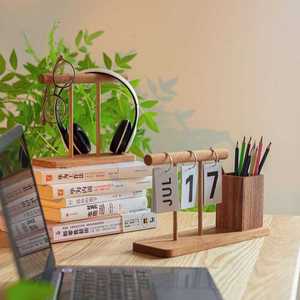 Solid Wood Multi Functional Pen Holder With Flip <b>Calendar</b> Desk Organizer Office Stationery Storage Square Shape Rubber Wood - Product Image 1