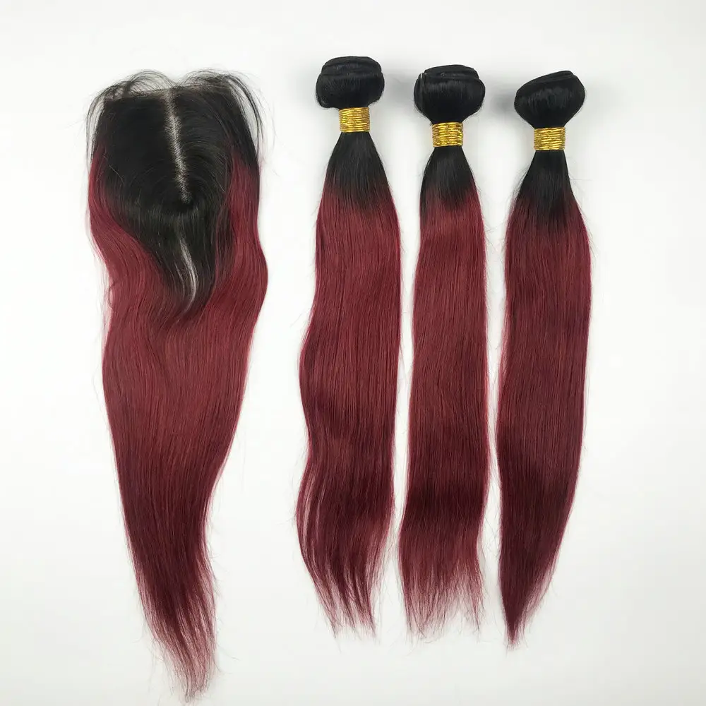 Ombre צבע שיער מארג שיער לא מעובד סגירת תחרה פרונטאלית אדום שיער טבעי מארג