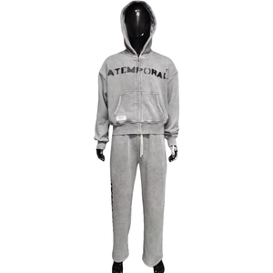 Ensemble sweat à capuche et pantalon coupe ample à double taille personnalisé pour le printemps, en coton French Terry avec strass et impression délavée, streetwear pour homme - Product Image 1