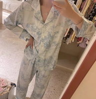Ensemble de pyjamas en tissu tissé de soie glacée taille élastique pour femmes vêtements de maison à manches longues pour printemps automne été saison imprimé Design