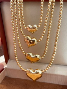Collier en or 18 carats AU750 avec perles en forme de cœur, 4 tailles, or jaune massif, style superposé, hypoallergénique, collier en or véritable pour femme, cadeau - Product Image 4