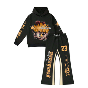 Conjunto Deportivo Unisex al por Mayor, Sudadera con Capucha y Estampado de Dibujos Animados y Llamas, Pantalones Deportivos con Cordón y Contraste de Color - Product Image 1