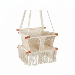 Columpio de bebé silla colgante hecha a mano macramé algodón Beige madera moderna al aire libre dormitorio sala de estar Decoración - Product Image 1