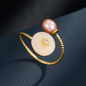 Retro Elegant Freshwater Pearl Imitation Jade Open Ring New Chinese Style High End Adjustable Index Finger Ring - Product Image 1