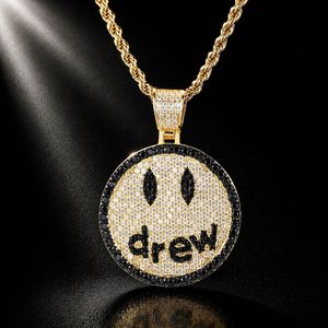 Collana con Ciondolo Drew Smiley Face in Rame Intarsiato con Zirconi e Cristalli, Gioielli Hip Hop Street Fashion - Product Image 1