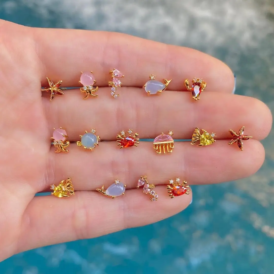 Ins Baru Seri Kelautan Stud Anting-Anting Dasar Laut Hewan Kecil Perhiasan Nyata Berlapis Emas Zirkon Lucu Anting-Anting untuk Gadis Wanita