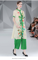 Robe tunique midi à col mandarin uni avec ourlet plissé, ensemble pantalon vert, tenue décontractée de printemps, tricotée en coton couleur bonbon
