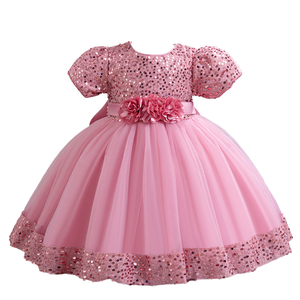 Robe de demoiselle d'honneur pour bébé fille d'un an, été, manches courtes, unie, fleurie, ODM, bouton, jupe trapèze, longueur genou - Product Image 1