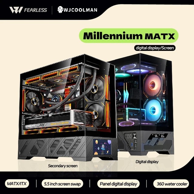 WJCOOLMAN Millennium MATX Full Tower PC Case 5.5 Inch Screen Digital Display 360 Water Cooler Aluminum Alloy Side Panel Window