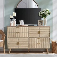Commode contemporaine multifonction en bois cannelé avec 4 tiroirs et 4 portes, poignées métalliques, 5 pieds en bois, écologique, pour salon