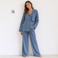 Ensemble de pyjama en coton 100% pour femmes, vente en gros, automne-hiver, manches longues, boutonné, vêtements de nuit, vêtements de détente pour femmes
