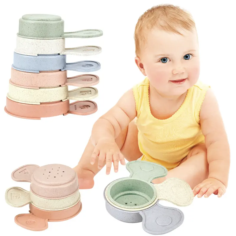 Wheat Straw Material Ring Tower Spoon Boats Digit Educational Multiple Color Baby Bath Stacking Cups Kids Stack Toys