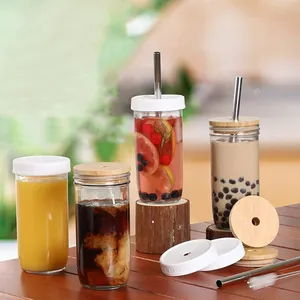 4 Pack Glass Cups with Lids and Straws, Reusable Bubble Tea Cup