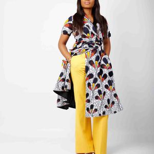 Abbigliamento tradizionale africano stampa Ankara stile <span class=keywords><strong>etnico</strong></span> avvolgente manica corta abito Midi con cintura per abbigliamento donna - Product Image 5