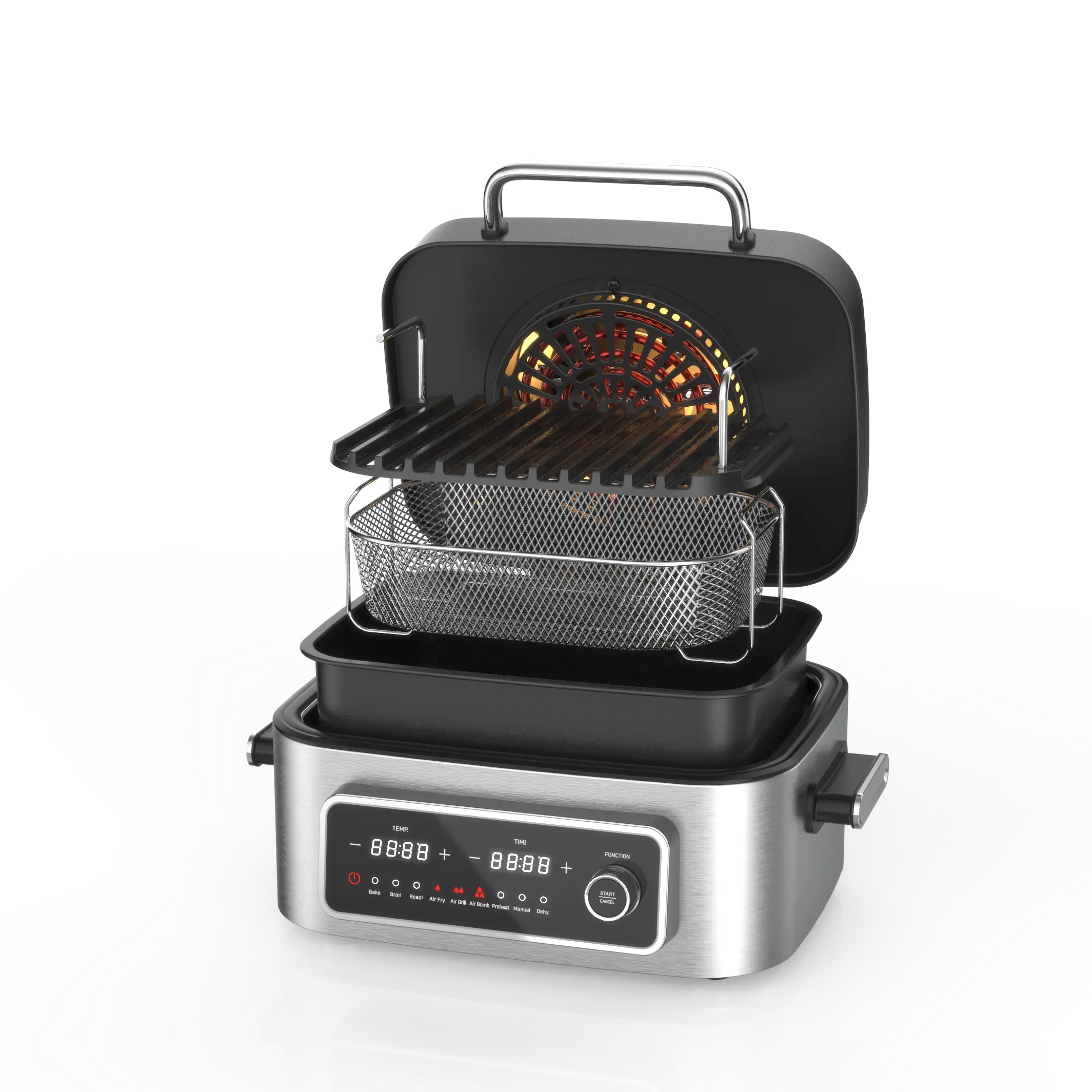 7 Liters Oven Air Grill, Black Silver smokeless Foodi 5-in-1 Indoor Grill with Air Frying BBQ, steak, bread ,slow cook