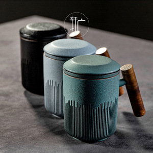 Steinzeug Bluestone Glasur Tee tasse Porzellan Minimalist Haushalt Retro-Stil Tee Wasser Trennung Büro Tasse Tasse mit Deckel - Product Image 1