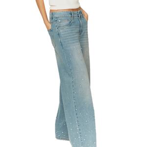 Precio al por mayor Jeans de mezclilla para mujer, estilo holgado, de cintura baja, sexys, con cristales y de pierna ancha - Product Image 4