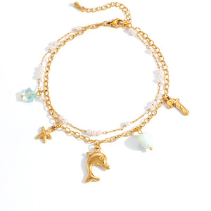 Fashion <b>Anklets</b> Stainless Steel 18k <b>Gold</b> Plated Double Layer Chain With Dolphin Star Pendants Women's Beach Jewelry - Product Image 5