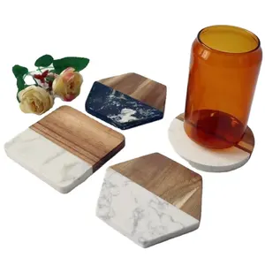 Posavasos de madera de mármol natural personalizado, posavasos hexagonal redondo y cuadrado a prueba de calor, tapete de acacia de bambú para té y café, venta al por mayor