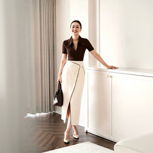 Jupe midi en maille tendance CV711 avec fente latérale et boutons, taille haute, pour femme, idéale pour le bureau et les trajets quotidiens, livraison rapide - Product Image 1