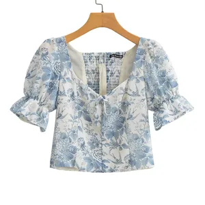 Освежающая бело-синяя блузка с оборками идеально подходит для летних дней боди укороченный пупок универсальные рубашки