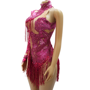 Costume Sexy da Showgirl <span class=keywords><strong>con</strong></span> <span class=keywords><strong>Paillettes</strong></span> Magenta, <span class=keywords><strong>Body</strong></span> Monospalla <span class=keywords><strong>con</strong></span> Collo Alto e Frange, in Rete Trasparente per Spettacoli e Feste - Product Image 6